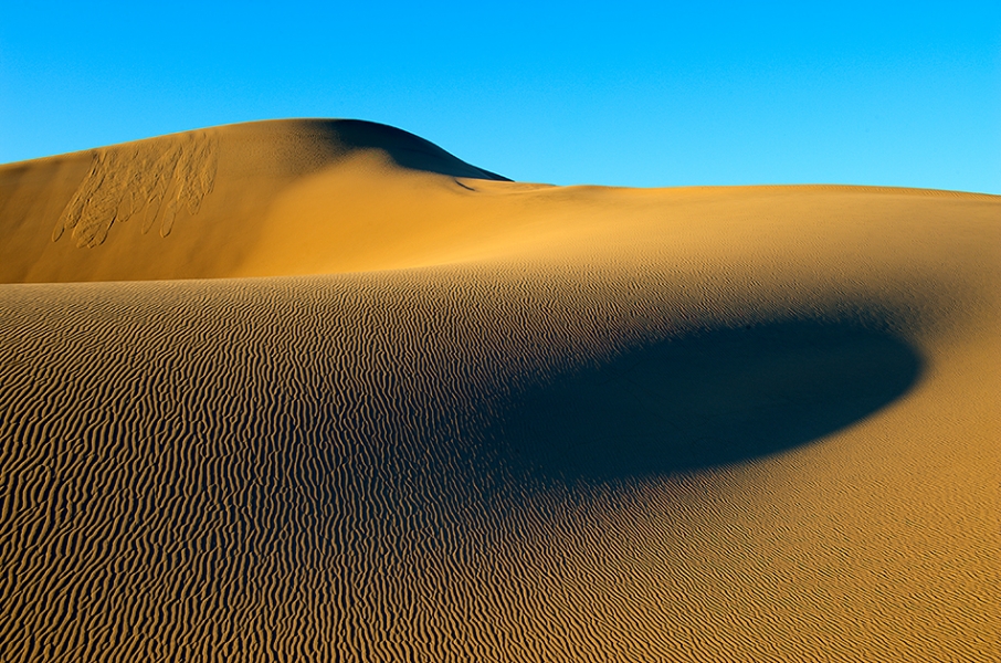 View of Mesquite Sand Dunes in golden light at sunrise with wind ripples across the sand. Death Valley