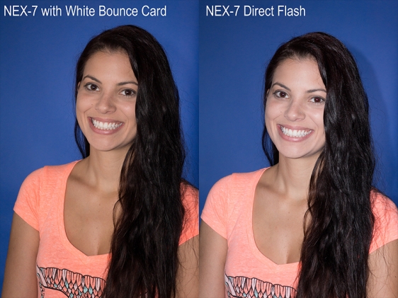 In this comparison the White Bounce Card results in softer light while direct flash is a bit more over bearing. Also the shadow and slight red eye is apparent.